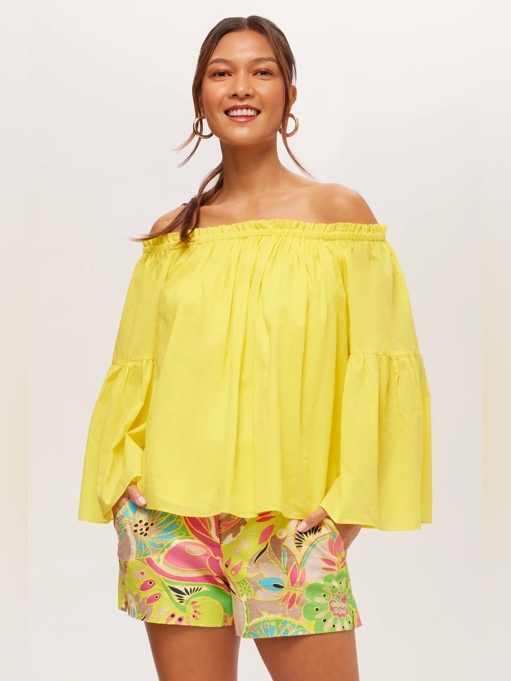Trina Turk Desert Sun Yellow Perry Top Off Shoulder Bell Sleeves Blouse Size XS